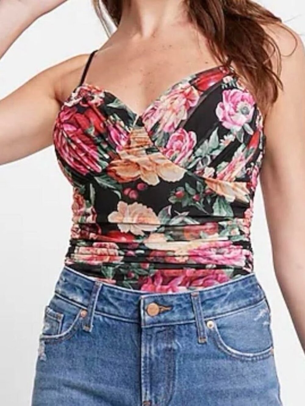 ☆ EXPRESS Body Contour Floral Rusched Bodysuit
